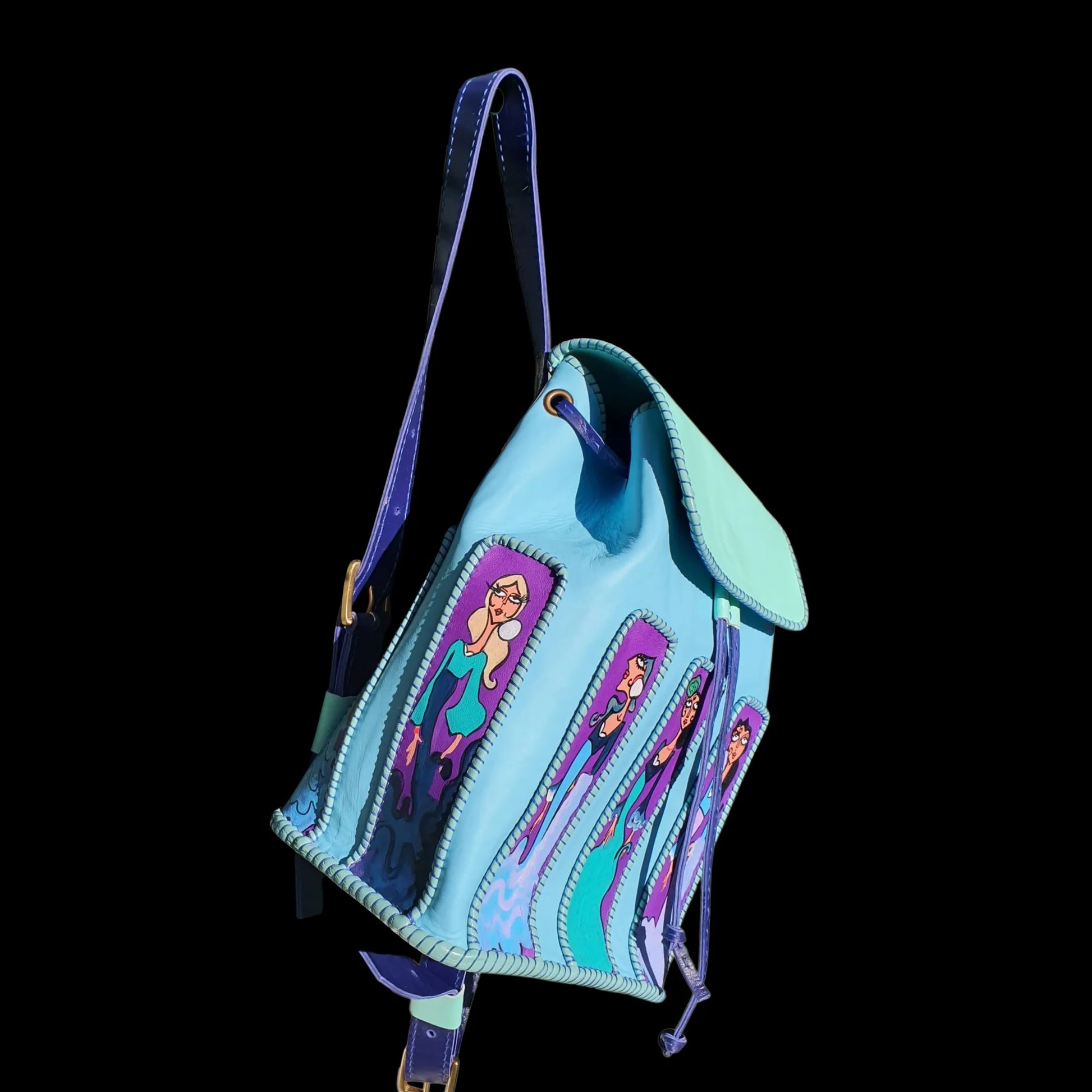 Handmade colourful leather backpack with painted houses - AG Design, Arad, Romania