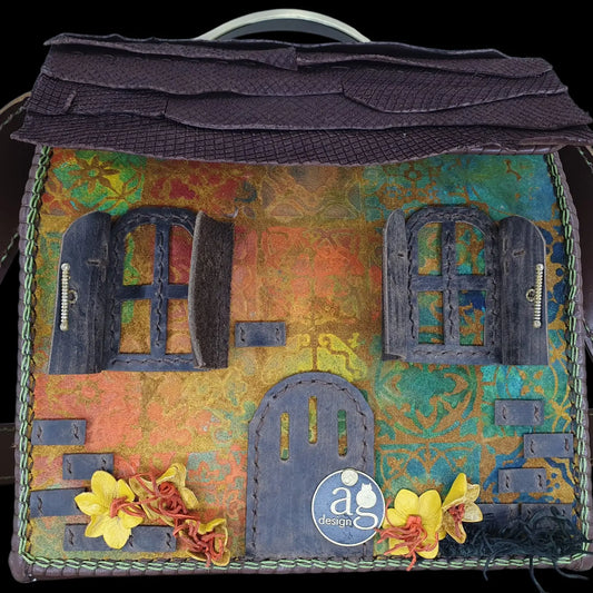 Handmade dark leather bag with a painted house scene - AG Design, Arad, Romania