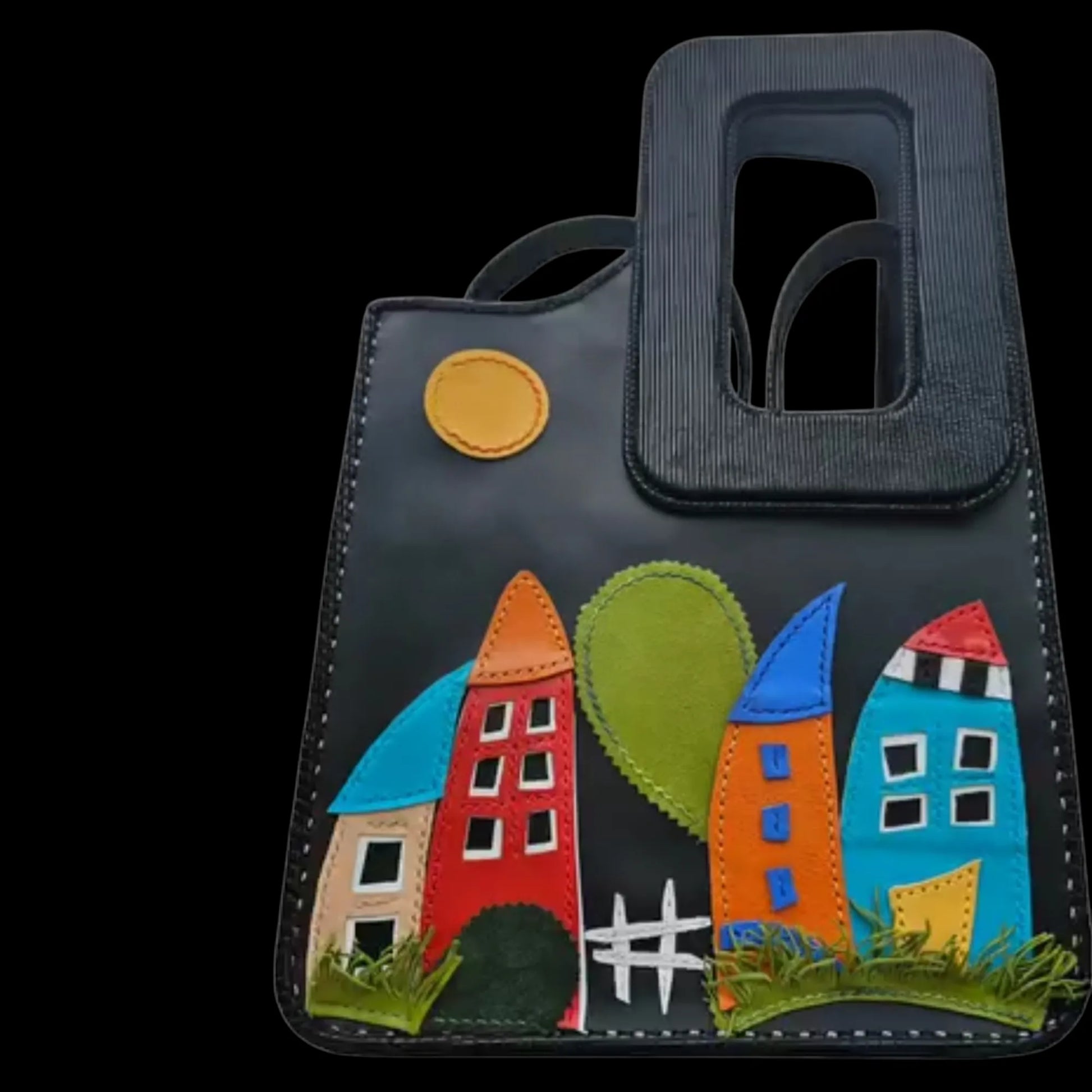Handmade grey leather bag with colourful leather houses sewn on and a top handle - AG Design, Arad, Romania