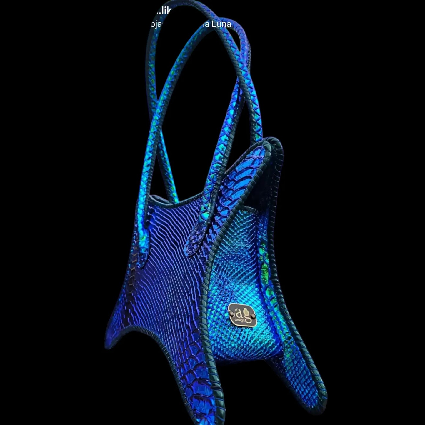 Handmade blue leather handbag with iridescent blue-green scale-textured leather - AG Design, Arad, Romania