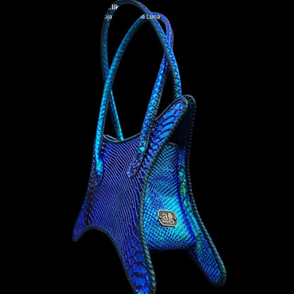 Handmade blue leather handbag with iridescent blue-green scale-textured leather - AG Design, Arad, Romania