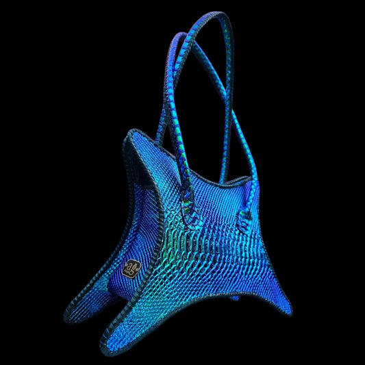 Handmade blue leather handbag with iridescent blue-green scale-textured leather - AG Design, Arad, Romania
