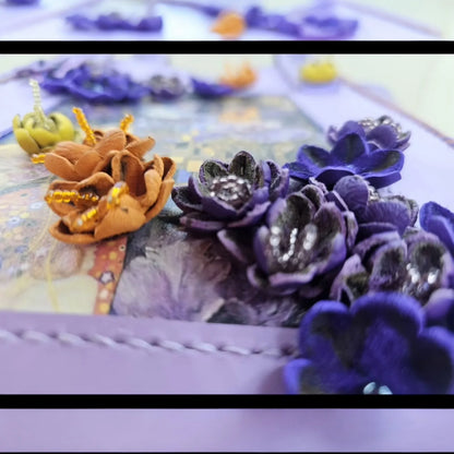Handmade lavender leather shoulder bag with a Klimt photo transfer and a cascade of sculpted 3D flowers - AG Design, Arad, Romania