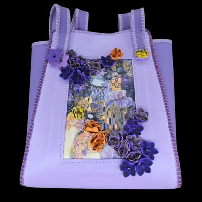Handmade lavender leather shoulder bag with a Klimt photo transfer and a cascade of sculpted 3D flowers - AG Design, Arad, Romania