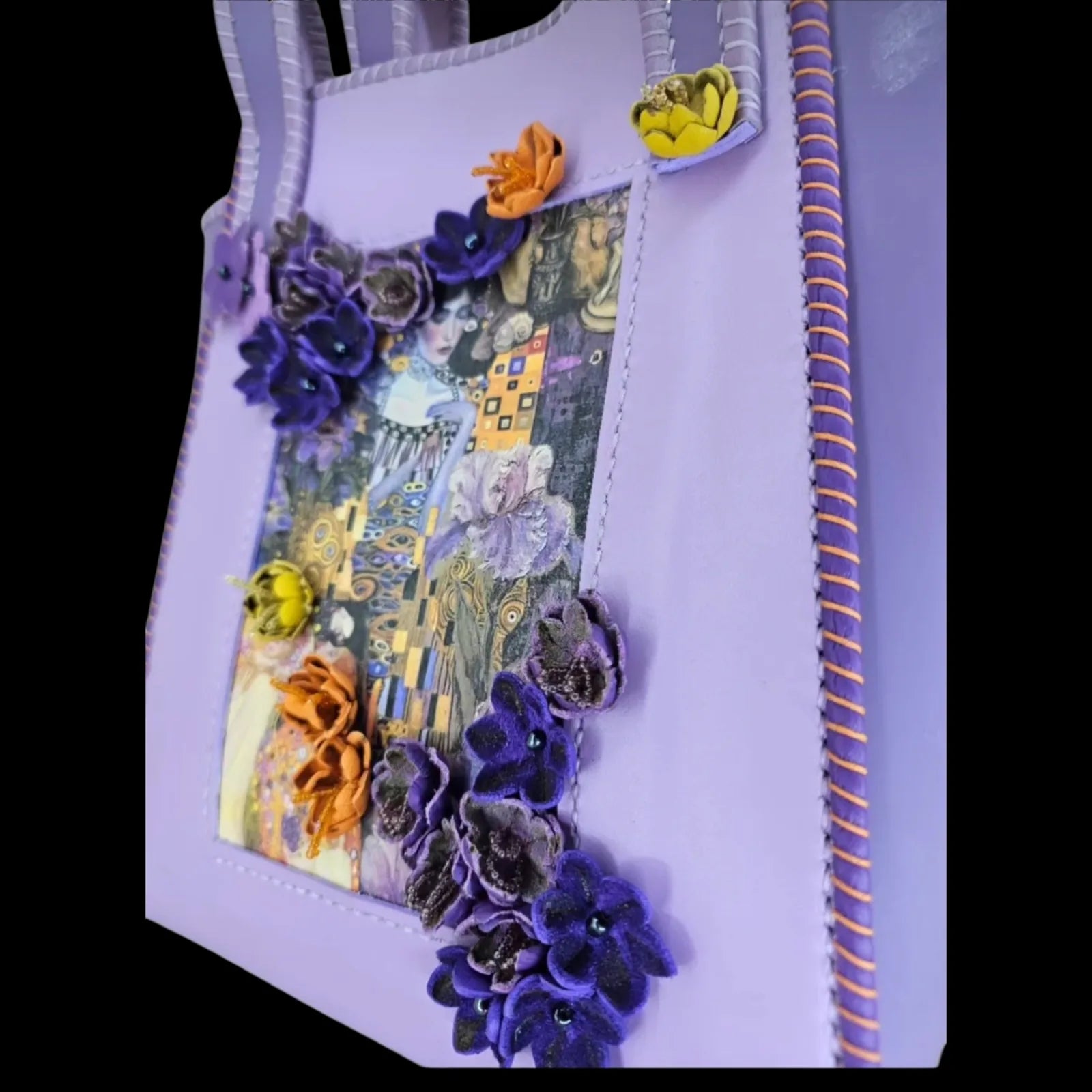 Handmade lavender leather shoulder bag with a Klimt photo transfer and a cascade of sculpted 3D flowers - AG Design, Arad, Romania