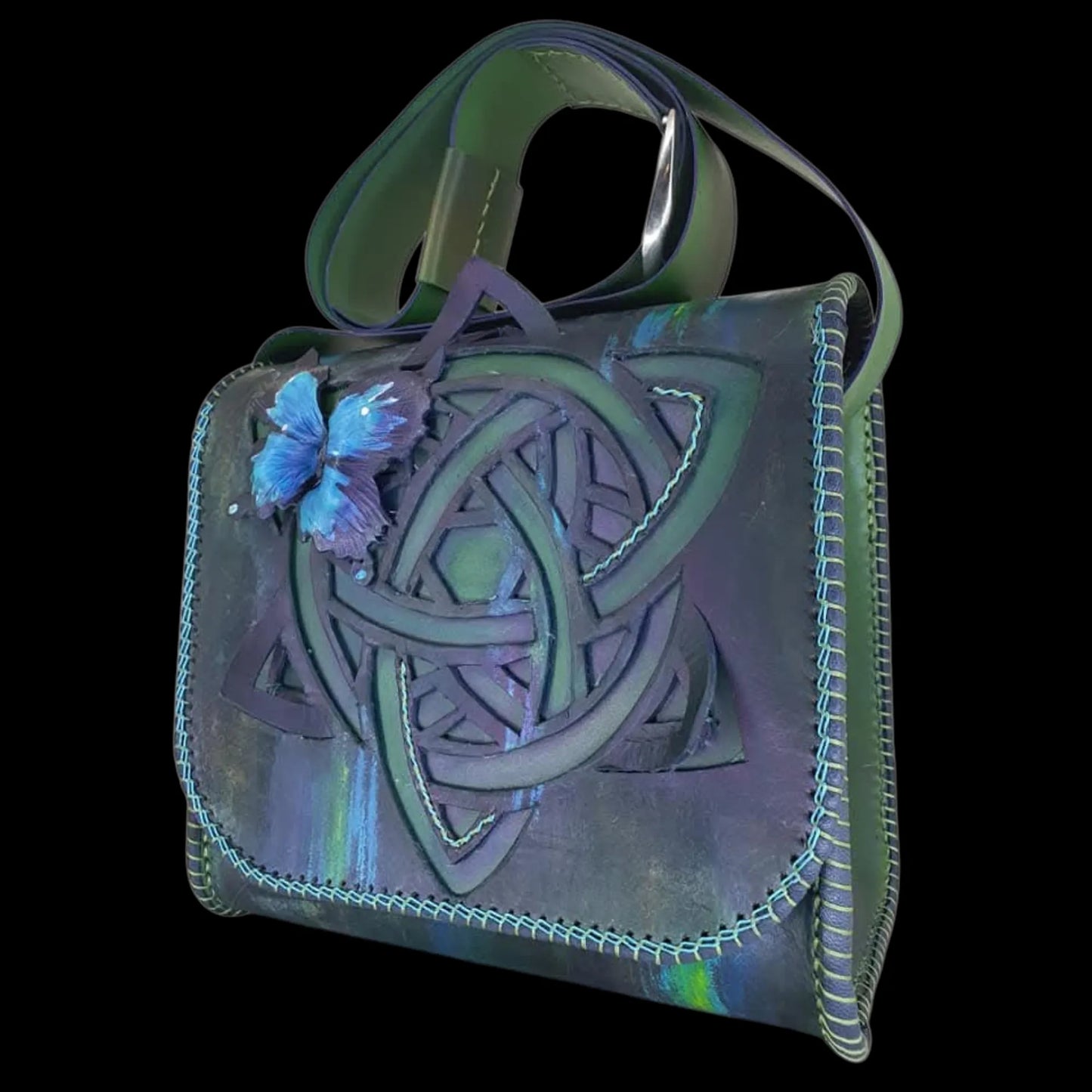Handmade olive leather bag with a knotwork emblem - AG Design, Arad, Romania