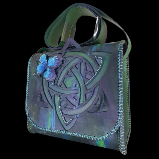 Handmade olive leather bag with a knotwork emblem - AG Design, Arad, Romania