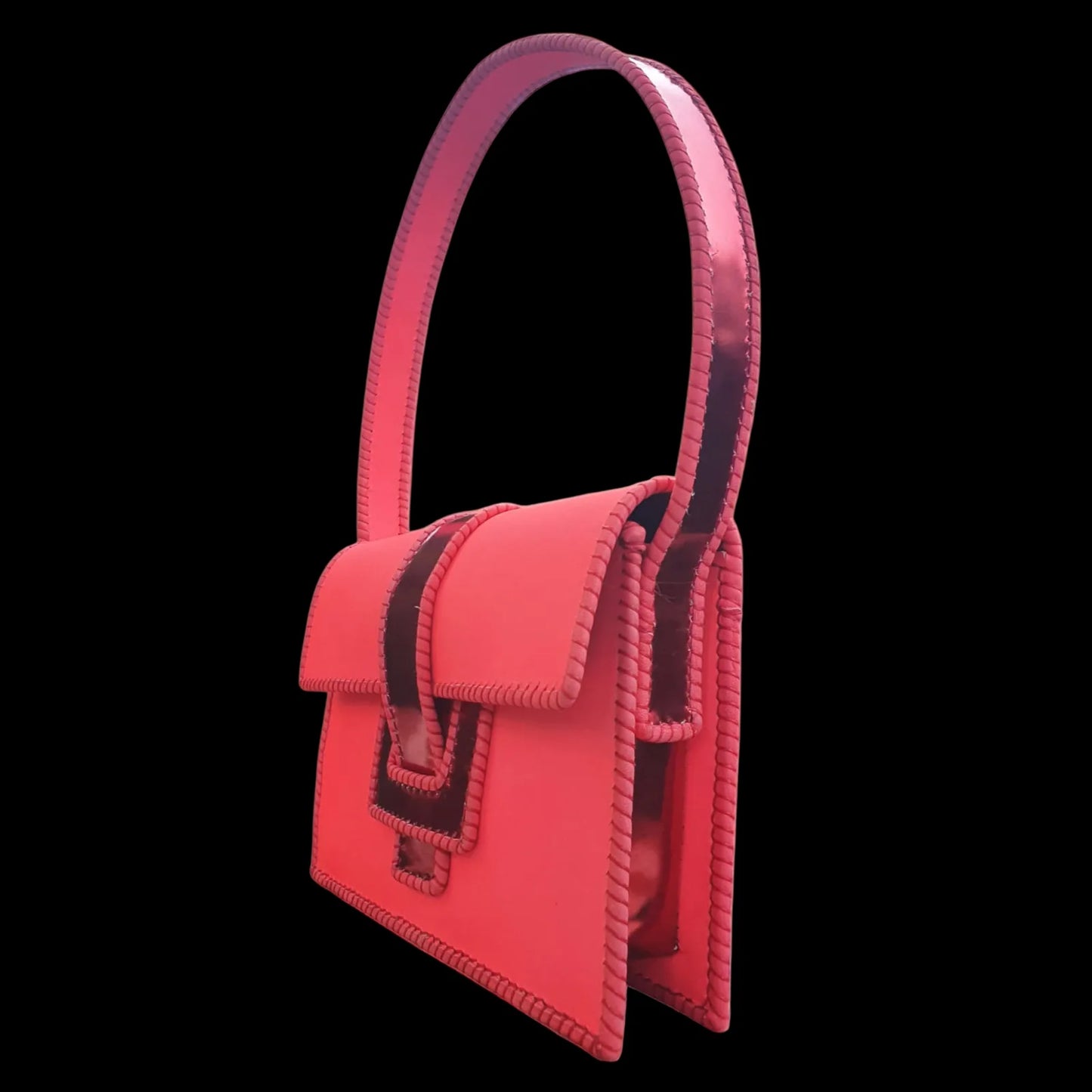 Handmade pink leather handbag with hot-pink leather with a patent strap and lace-like hand stitching - AG Design, Arad, Romania