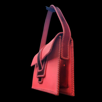 Handmade pink leather handbag with hot-pink leather with a patent strap and lace-like hand stitching - AG Design, Arad, Romania