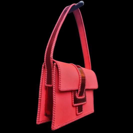 Handmade pink leather handbag with hot-pink leather with a patent strap and lace-like hand stitching - AG Design, Arad, Romania