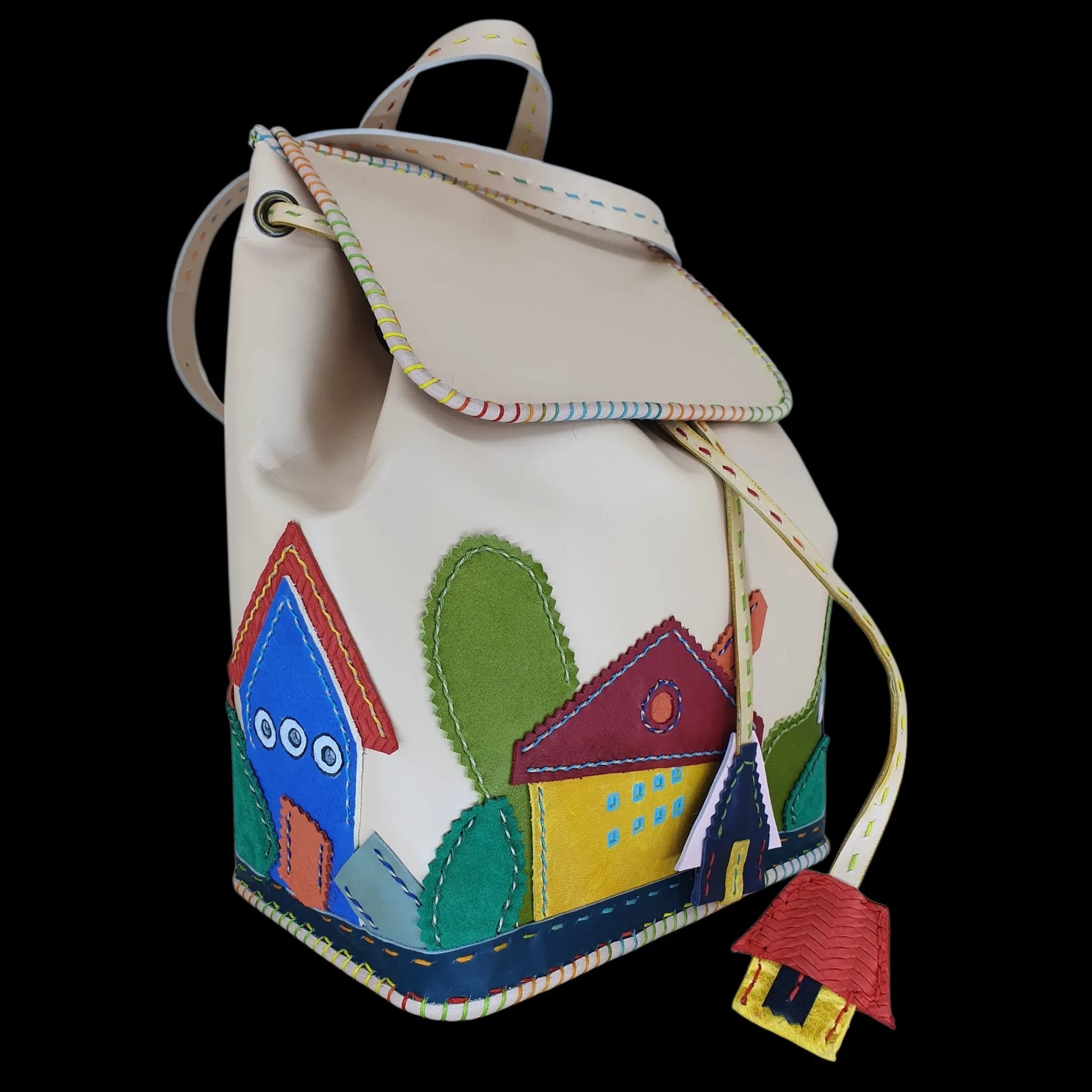 Handmade cream leather backpack with a painted landscape - AG Design, Arad, Romania