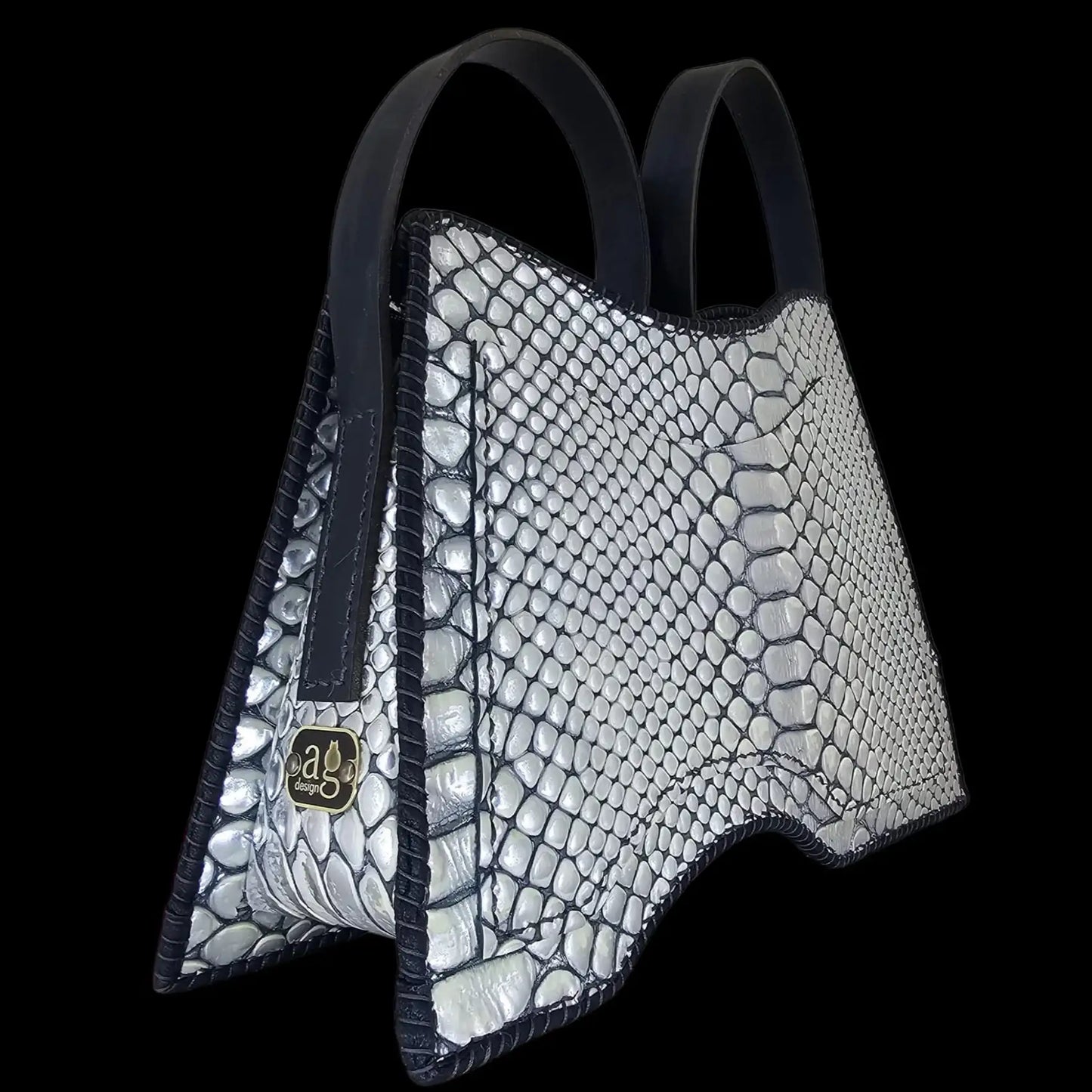 Handmade white and black net-pattern leather bag with a cut-out - AG Design, Arad, Romania
