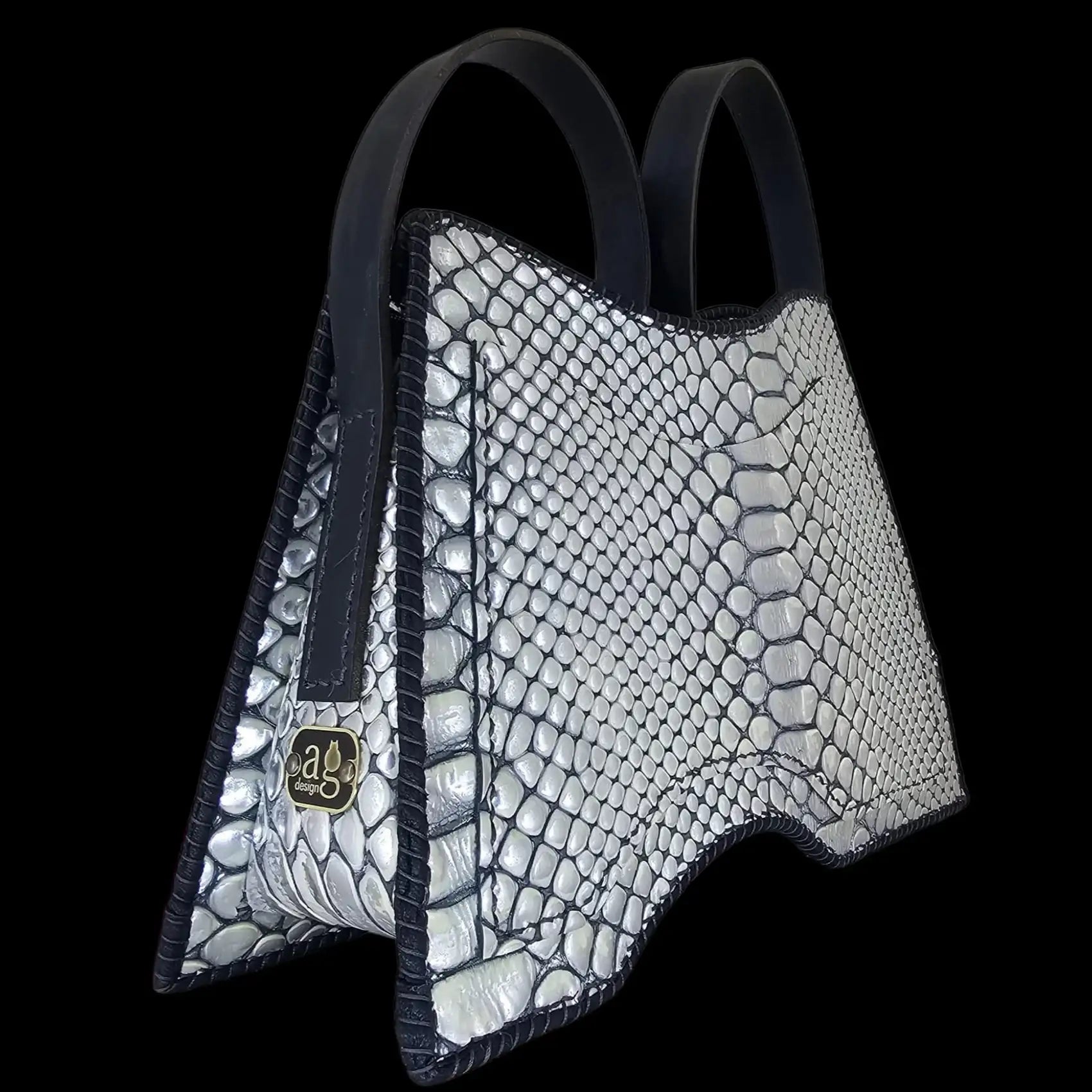 Handmade white and black net-pattern leather bag with a cut-out - AG Design, Arad, Romania