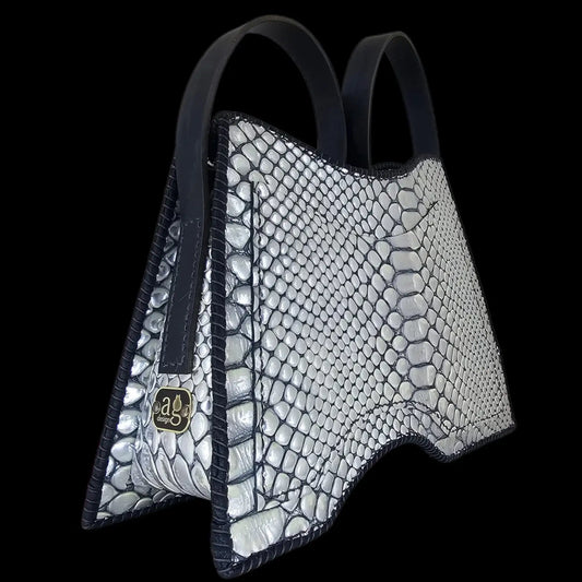 Handmade white and black net-pattern leather bag with a cut-out - AG Design, Arad, Romania