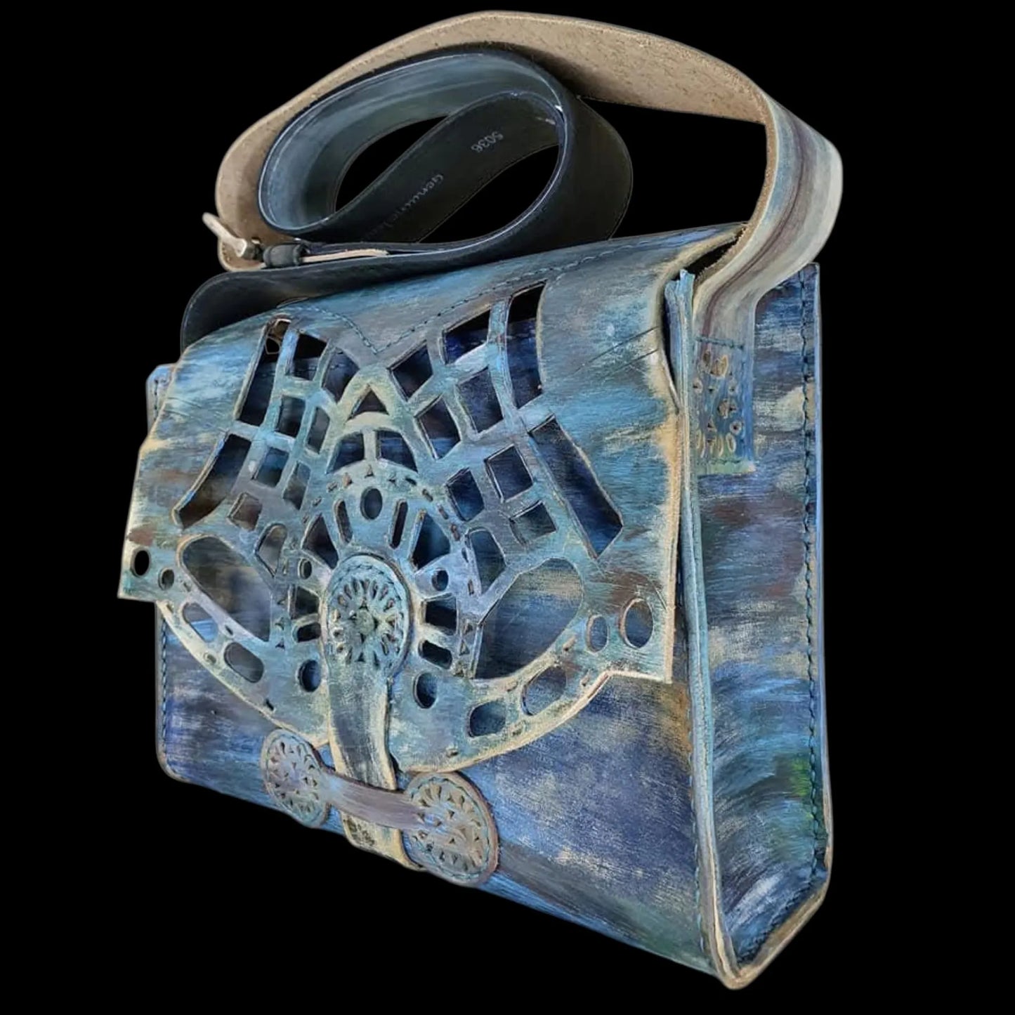 Handmade blue leather bag with a cut-out lattice and painting - AG Design, Arad, Romania