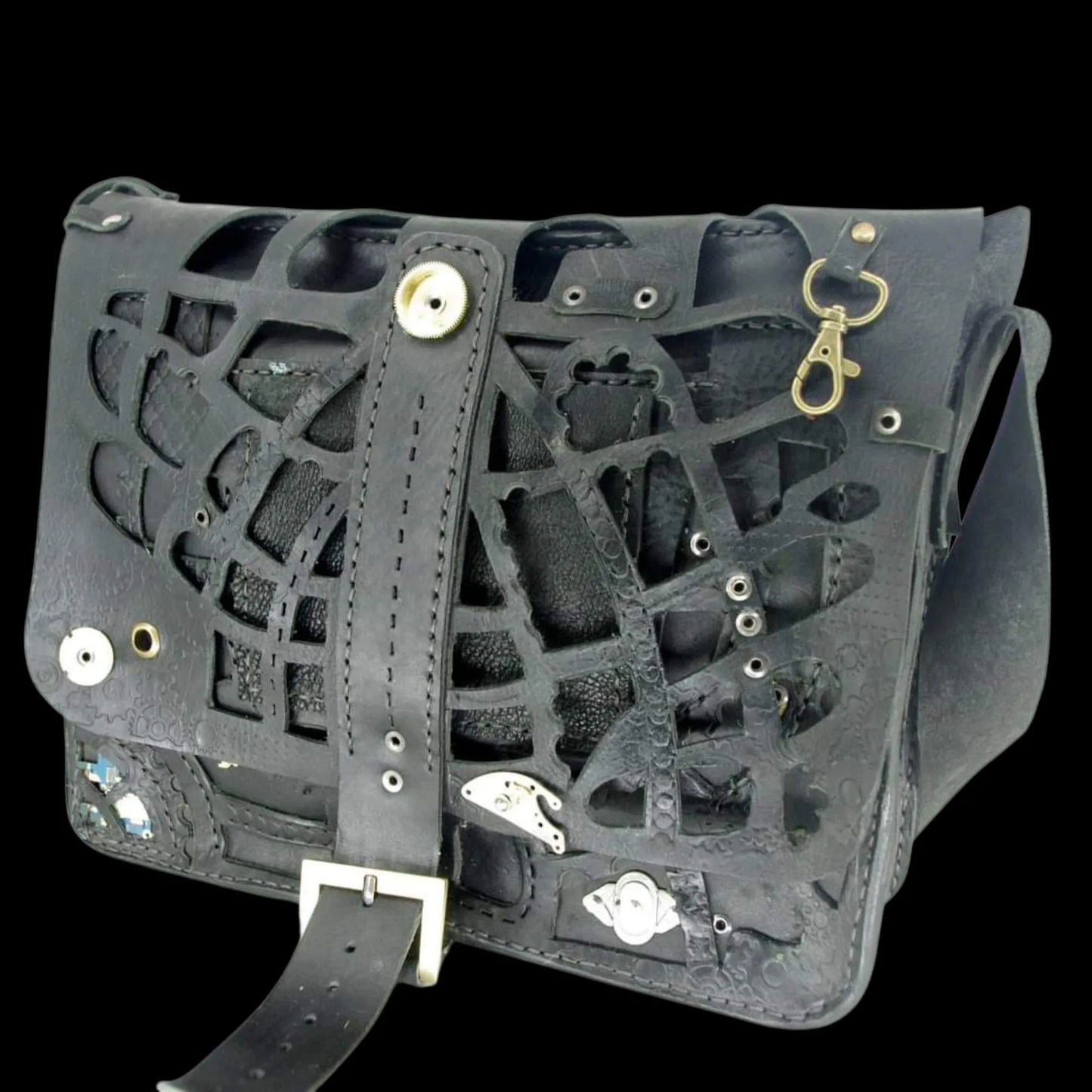 Handmade grey leather bag with a cut-out lattice pattern - AG Design, Arad, Romania