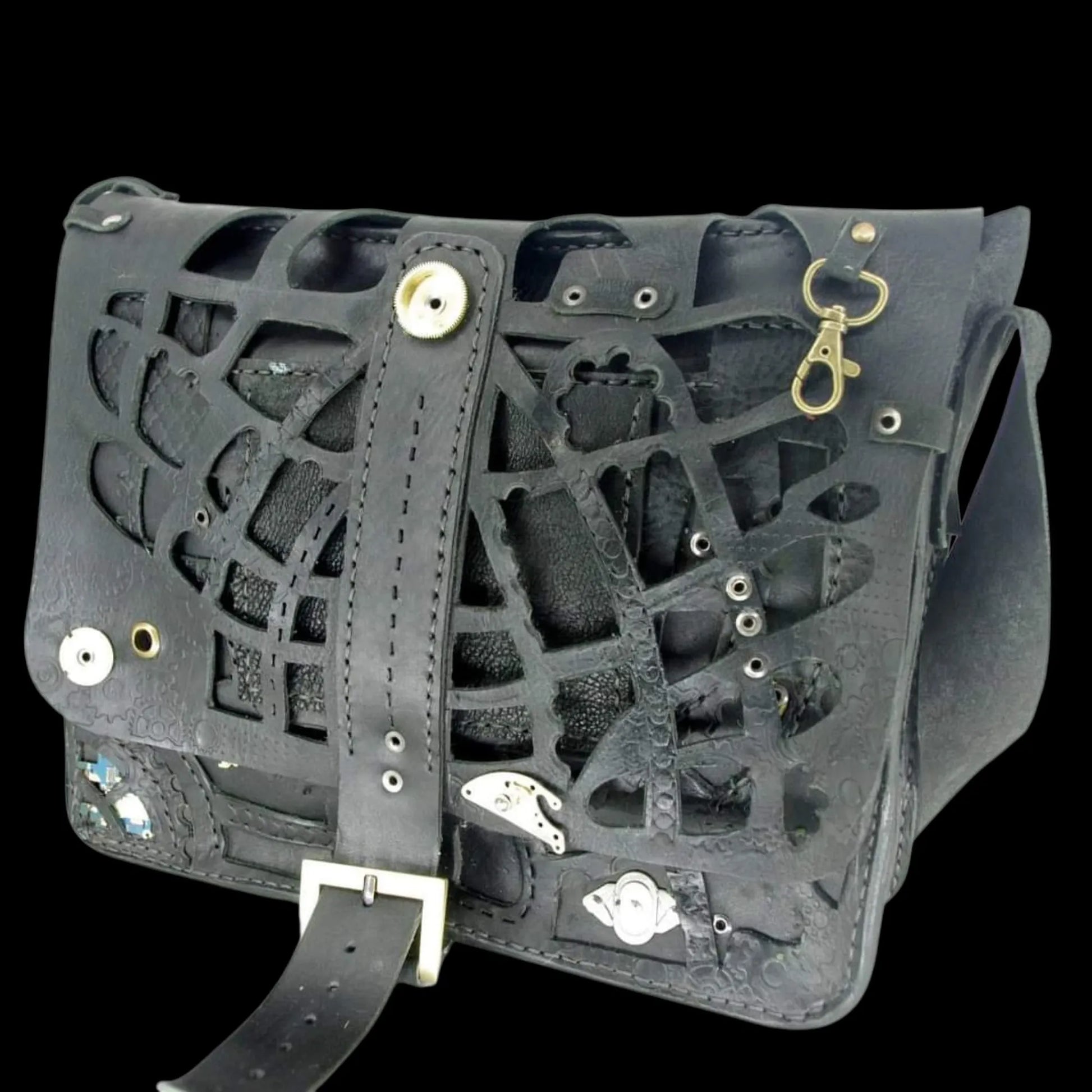 Handmade grey leather bag with a cut-out lattice pattern - AG Design, Arad, Romania