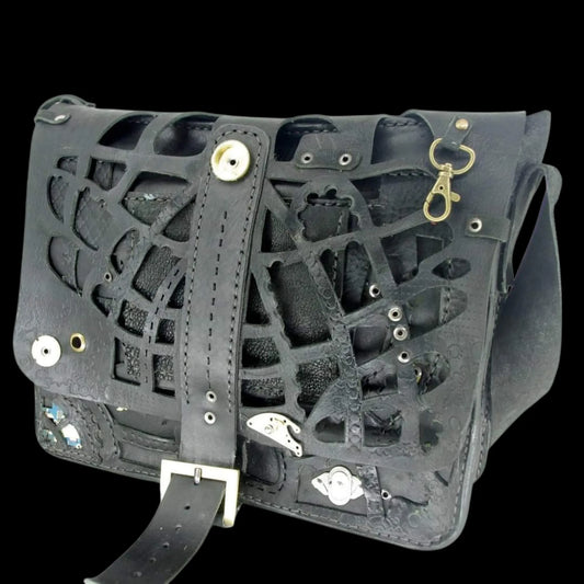 Handmade grey leather bag with a cut-out lattice pattern - AG Design, Arad, Romania