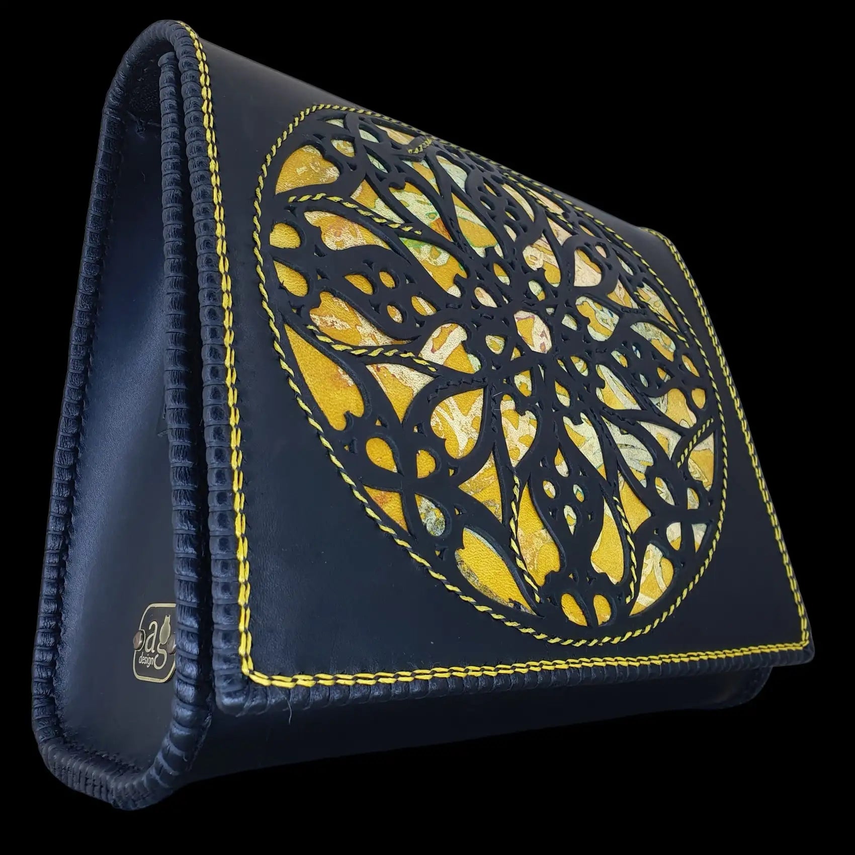 Handmade dark blue leather bag with a yellow embossed lattice pattern - AG Design, Arad, Romania