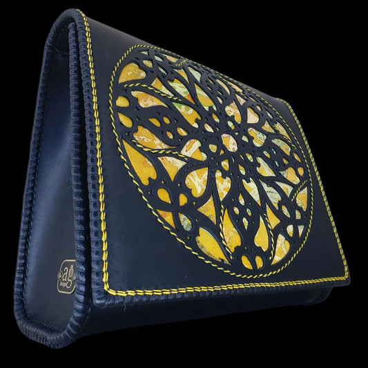 Handmade dark blue leather bag with a yellow embossed lattice pattern - AG Design, Arad, Romania