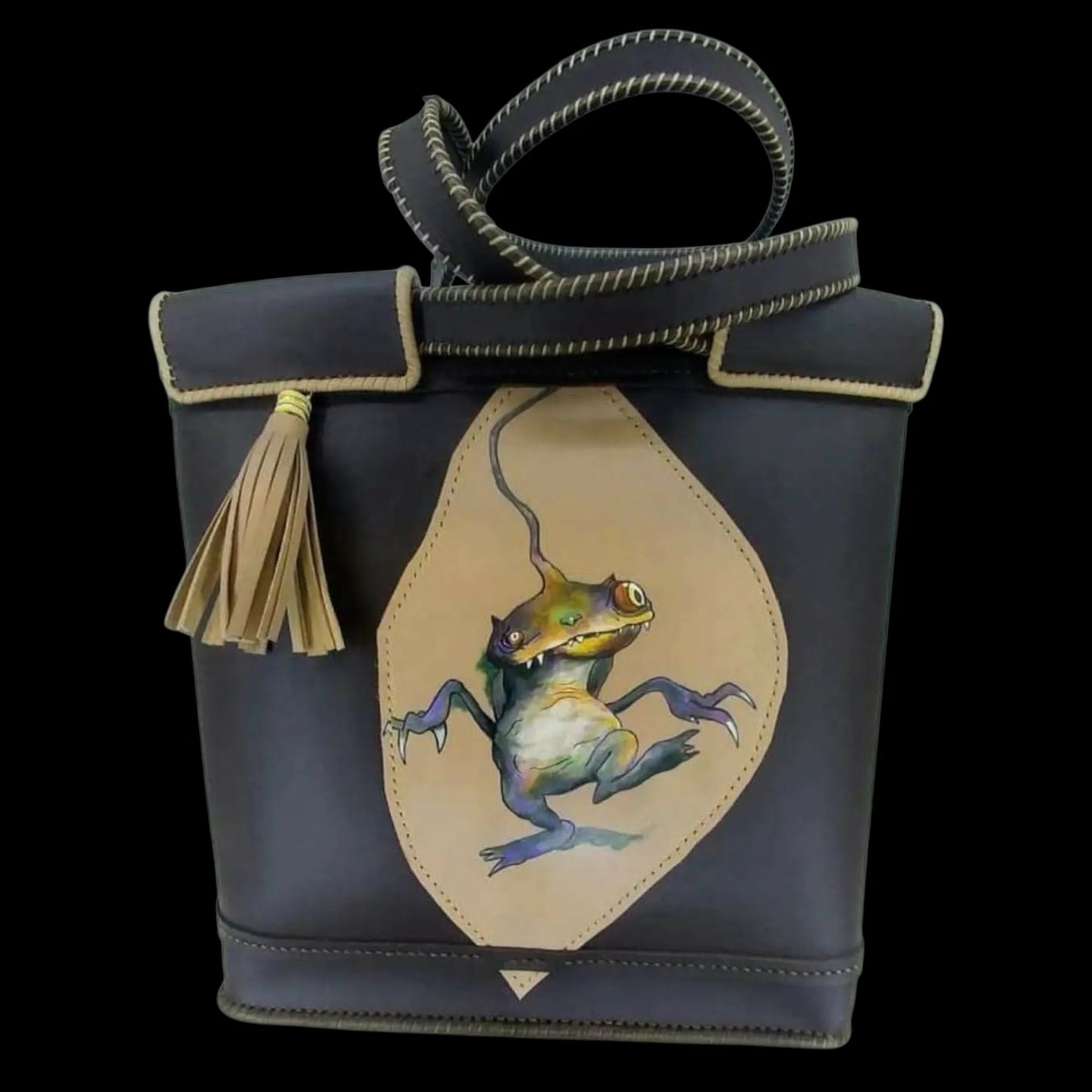 Handmade dark leather bag with a painted leaf and tassel - AG Design, Arad, Romania