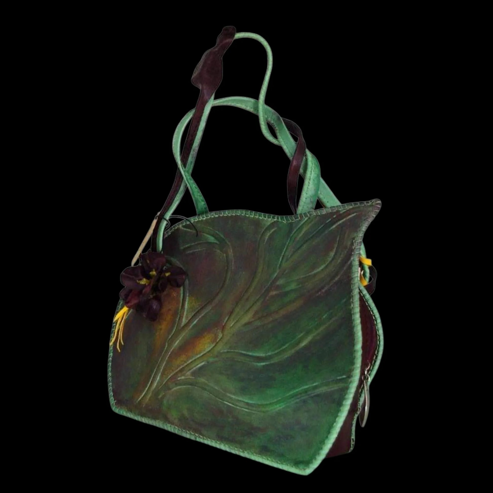 Handmade green leather bag with a sculpted abstract leaf - AG Design, Arad, Romania