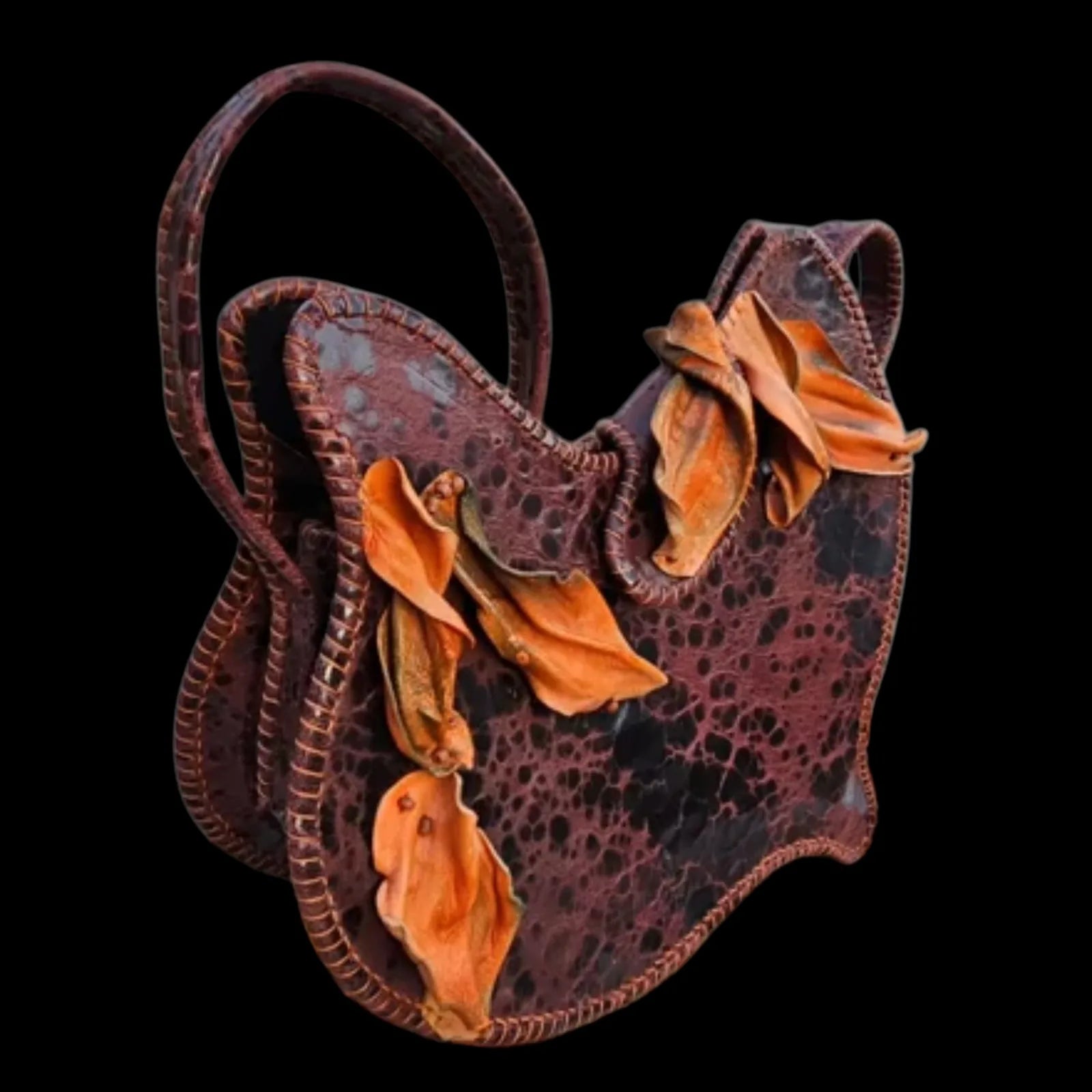 Handmade brown leather shoulder bag with a fluid leaf silhouette with applied 3D leaves - AG Design, Arad, Romania