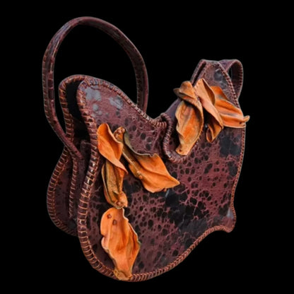 Handmade brown leather shoulder bag with a fluid leaf silhouette with applied 3D leaves - AG Design, Arad, Romania