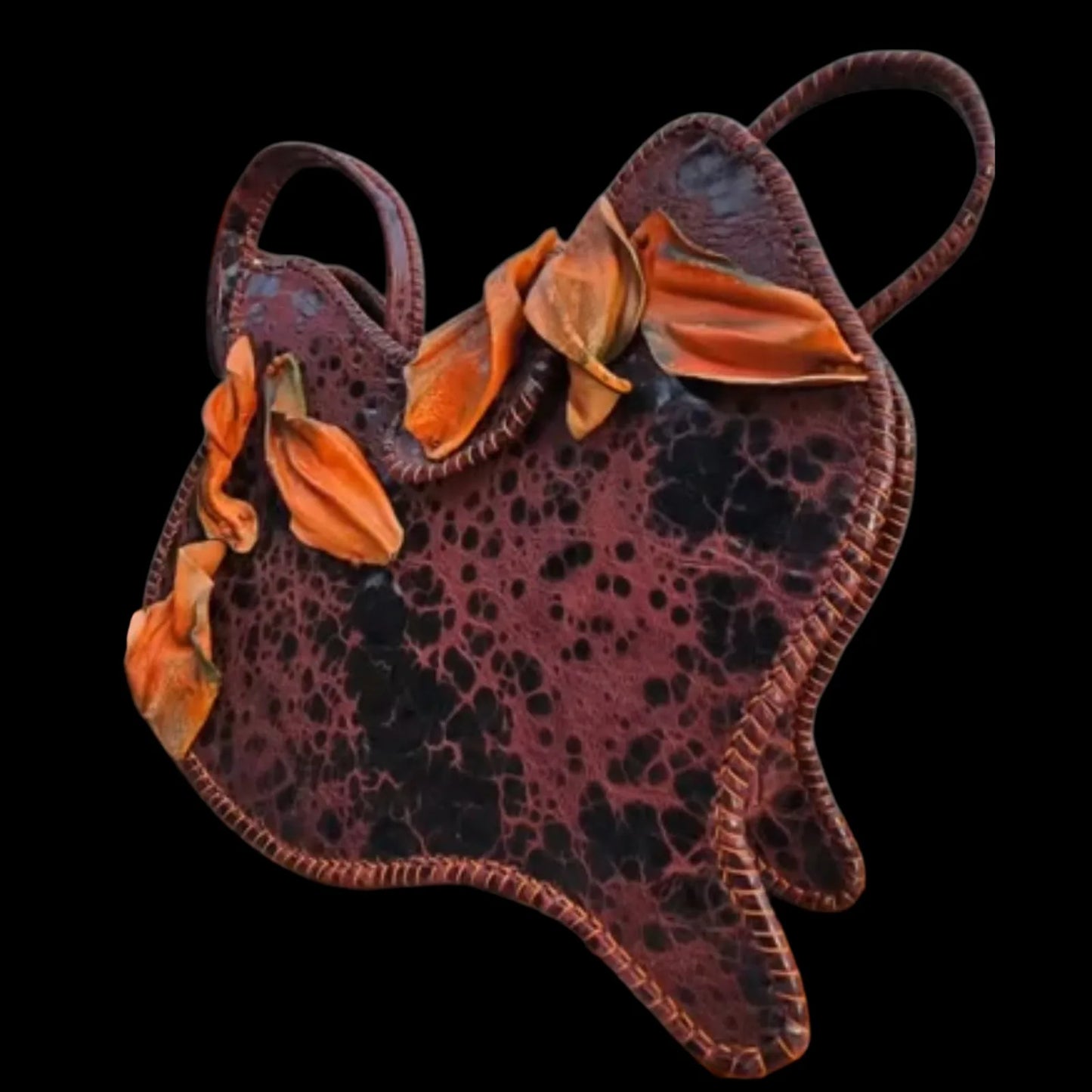 Handmade brown leather shoulder bag with a fluid leaf silhouette with applied 3D leaves - AG Design, Arad, Romania