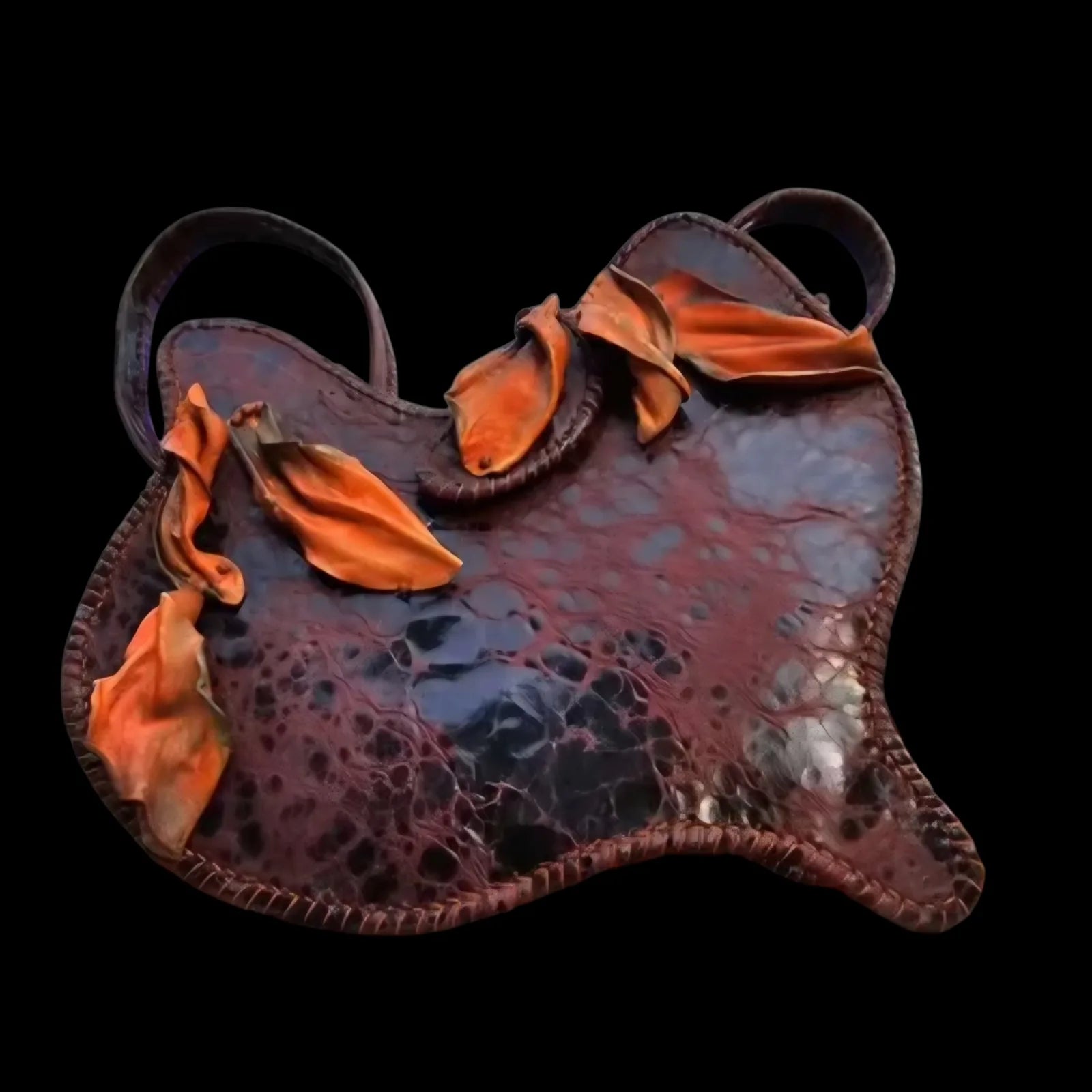 Handmade brown leather shoulder bag with a fluid leaf silhouette with applied 3D leaves - AG Design, Arad, Romania