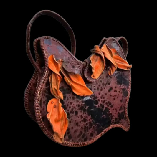 Handmade brown leather shoulder bag with a fluid leaf silhouette with applied 3D leaves - AG Design, Arad, Romania