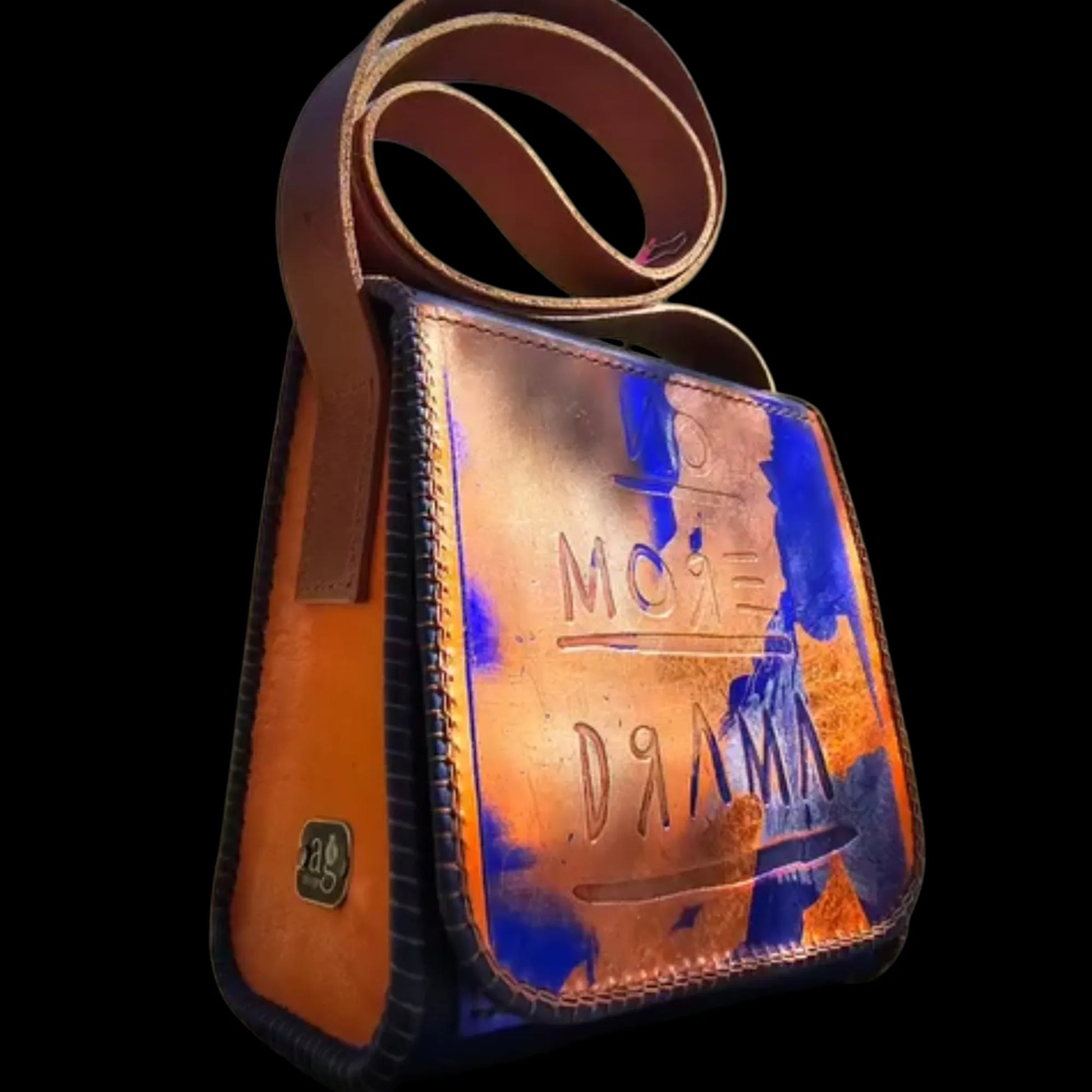 Handmade brown leather bag with blue details and painted lettering - AG Design, Arad, Romania