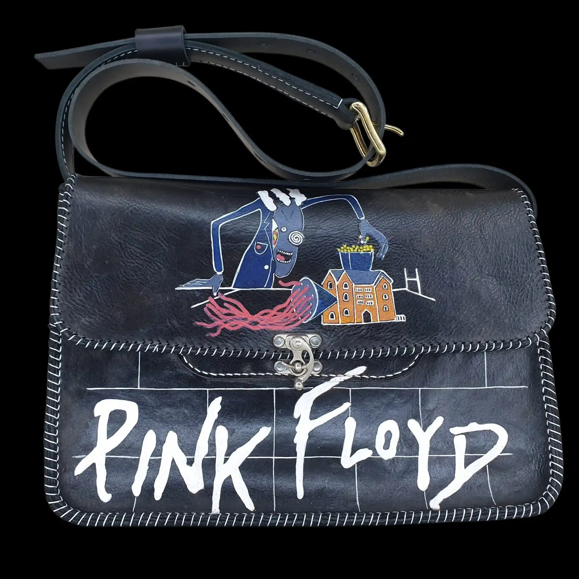 Handmade dark leather messenger bag with hand-painted lettering - AG Design, Arad, Romania