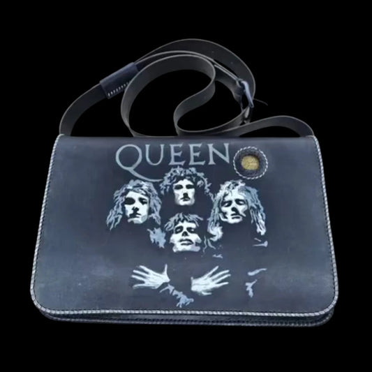 Handmade dark leather bag with painted lettering and figures - AG Design, Arad, Romania