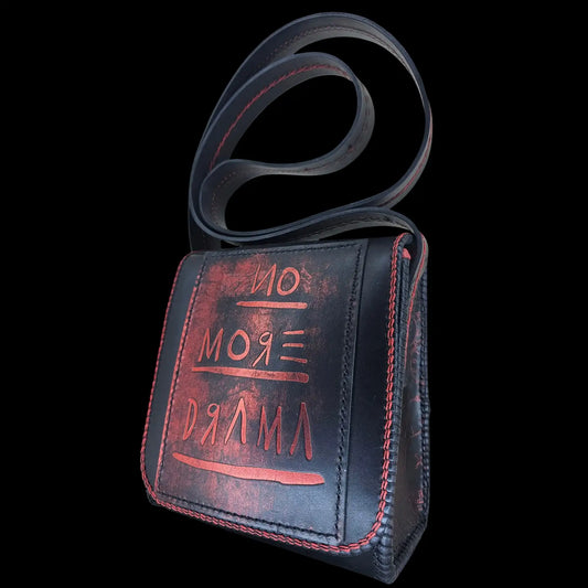 Handmade dark leather crossbody bag with red painted lettering - AG Design, Arad, Romania