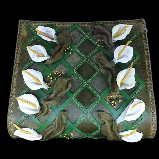 Handmade green leather handbag with white sculpted calla lilies - AG Design, Arad, Romania