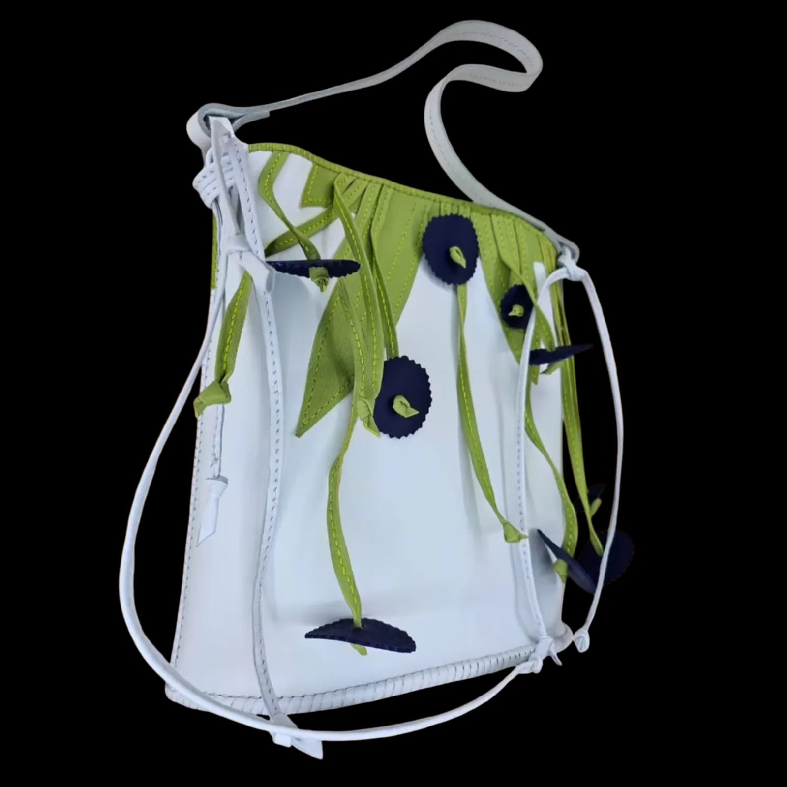 Handmade white leather backpack with green leaves and blue flowers left loose and unstitched - AG Design, Arad, Romania
