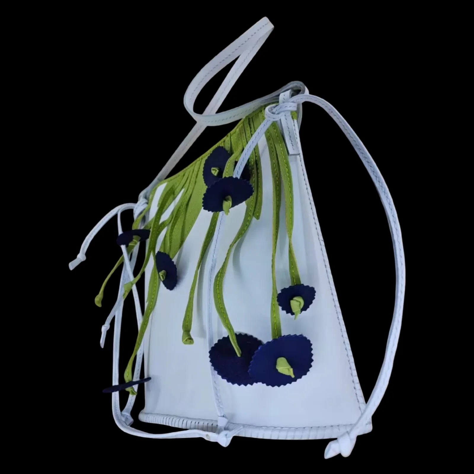 Handmade white leather backpack with green leaves and blue flowers left loose and unstitched - AG Design, Arad, Romania