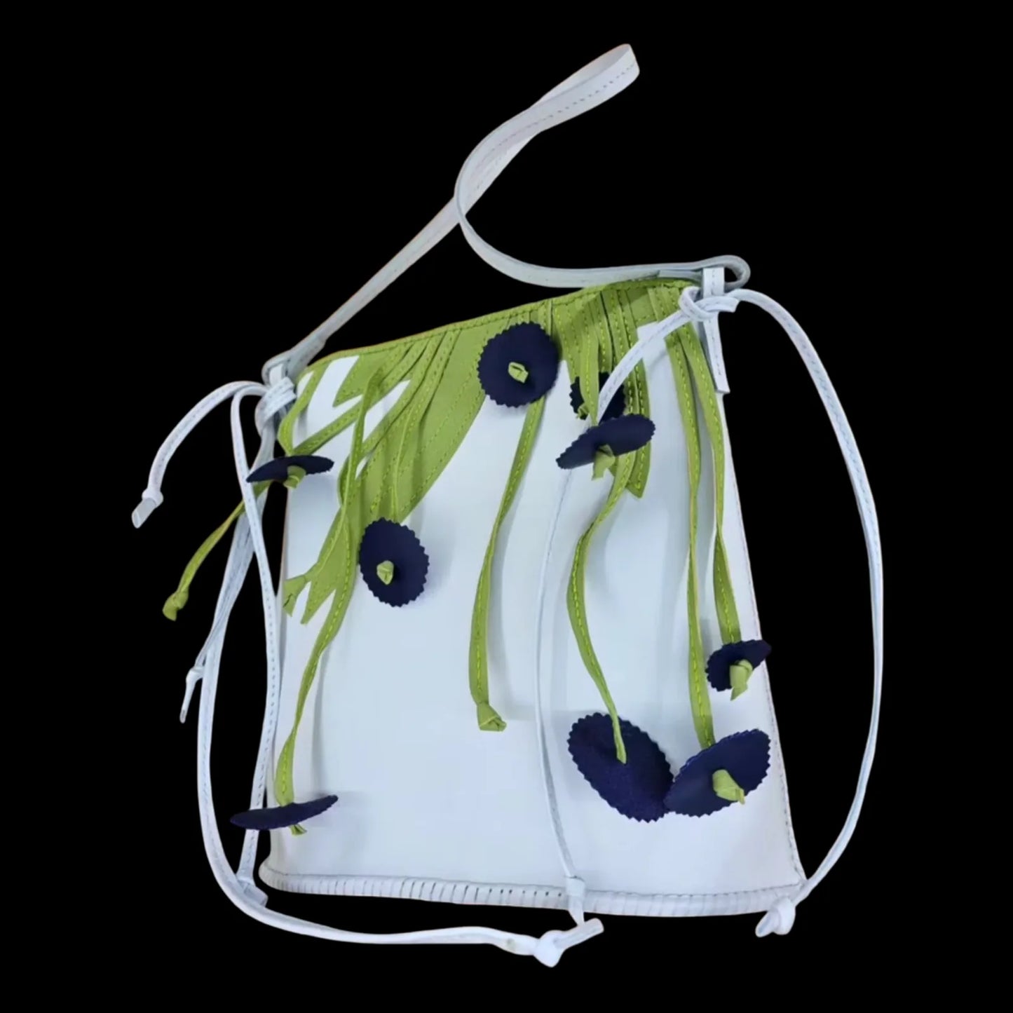 Handmade white leather backpack with green leaves and blue flowers left loose and unstitched - AG Design, Arad, Romania