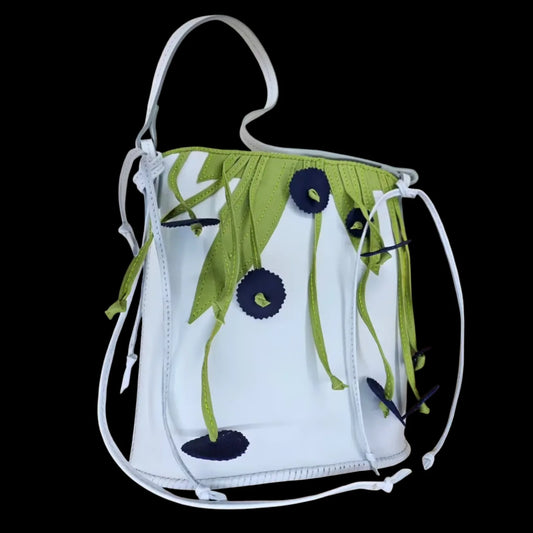 Handmade white leather backpack with green leaves and blue flowers left loose and unstitched - AG Design, Arad, Romania