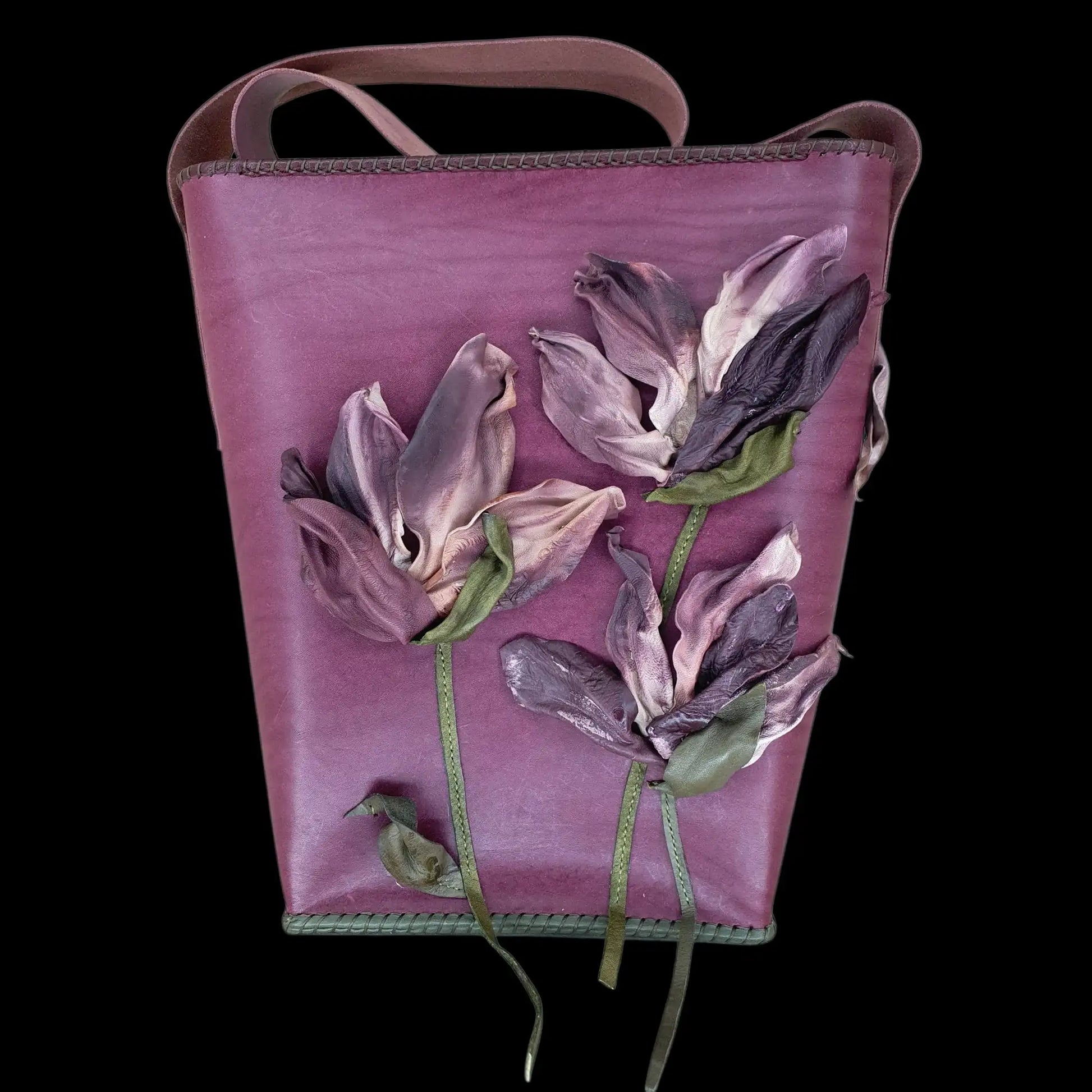Handmade mauve leather bag with sculpted magnolia flowers - AG Design, Arad, Romania