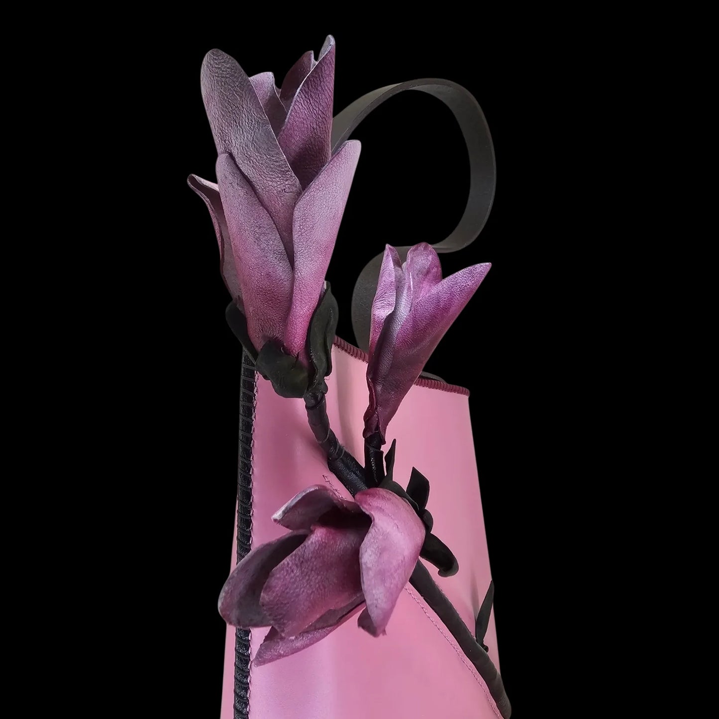 Handmade pink leather bucket bag with a sculpted leather magnolia flower - AG Design, Arad, Romania