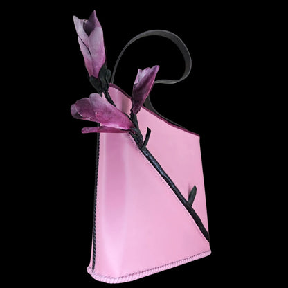 Handmade pink leather bucket bag with a sculpted leather magnolia flower - AG Design, Arad, Romania