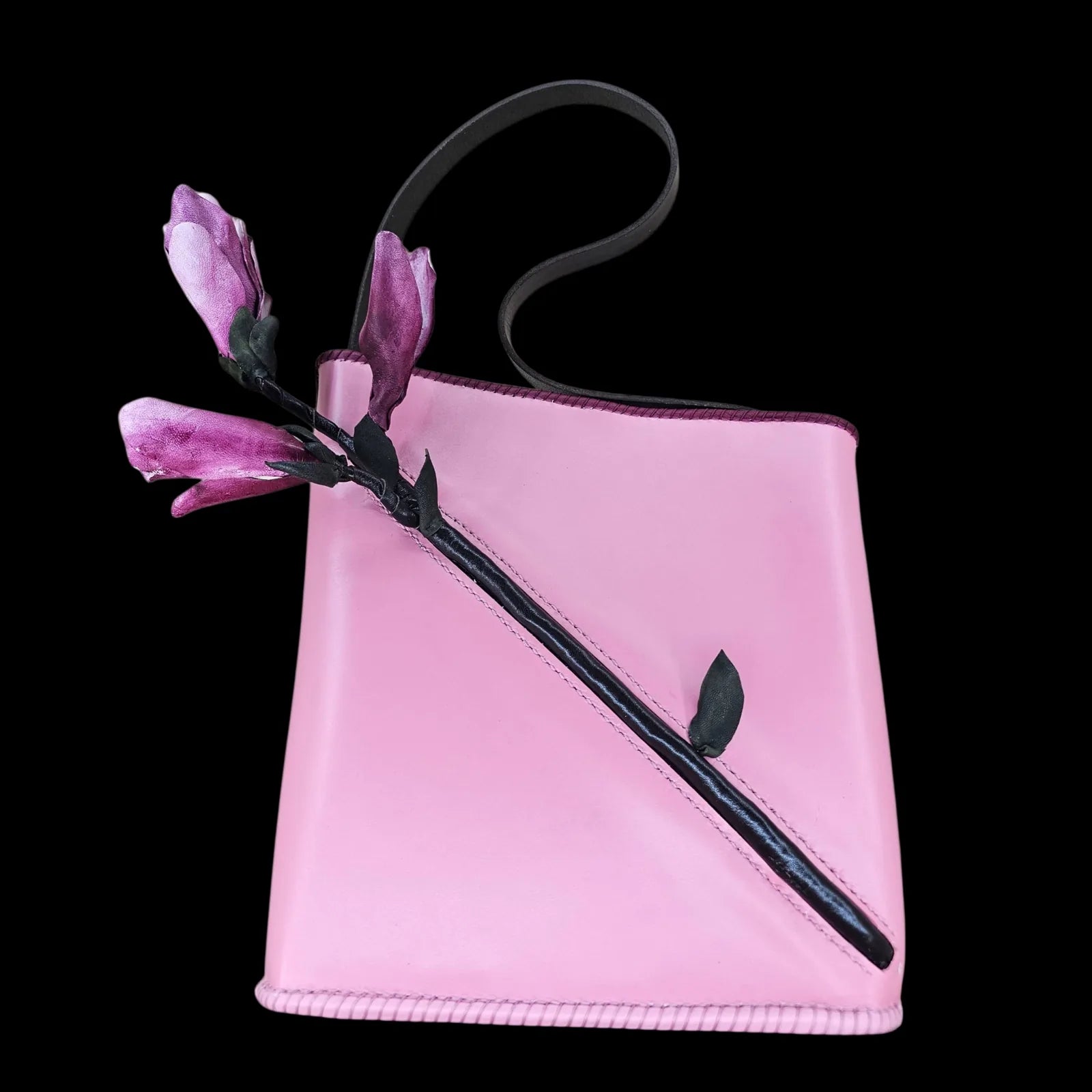 Handmade pink leather bucket bag with a sculpted leather magnolia flower - AG Design, Arad, Romania