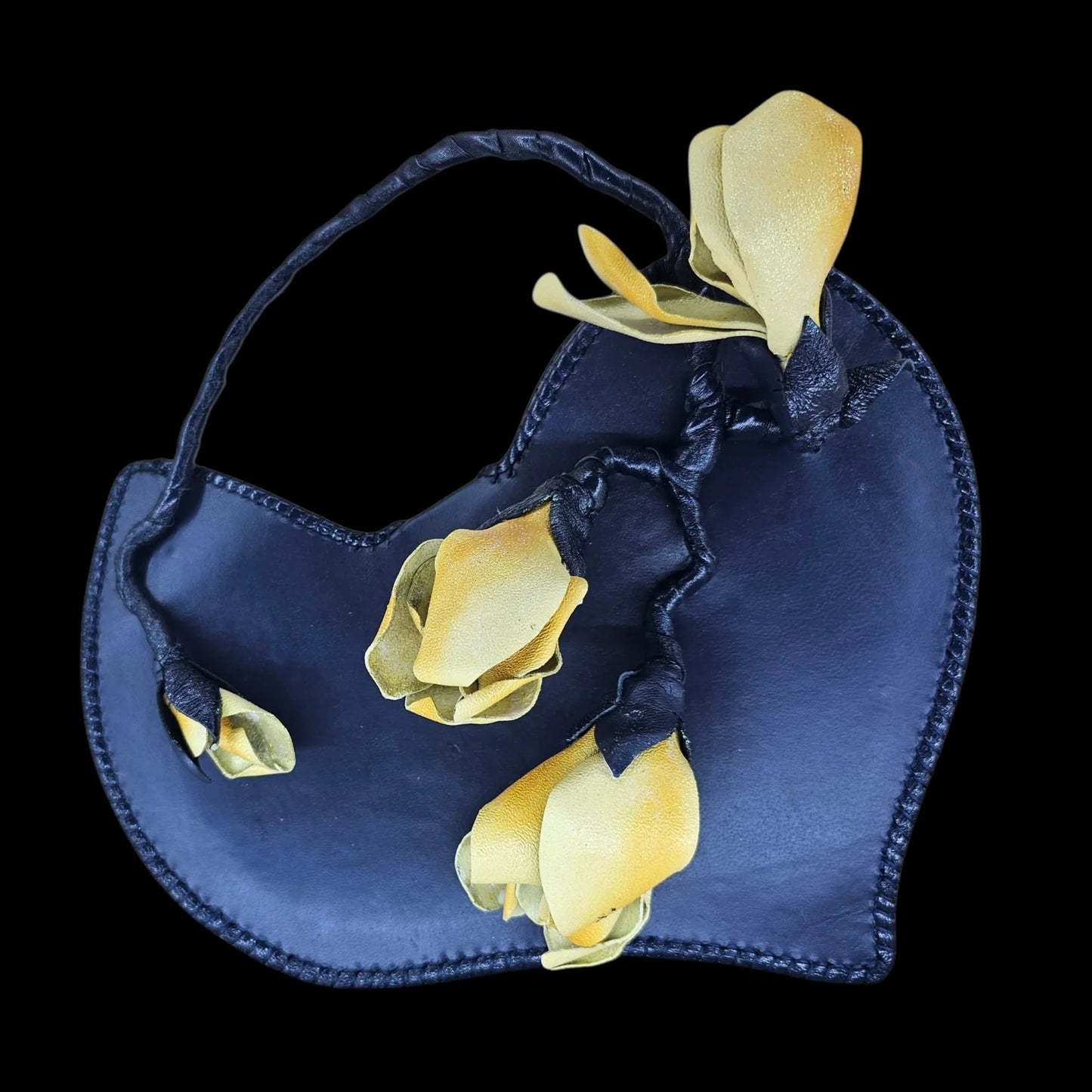 Handmade navy leather bag with hand-sculpted yellow magnolia flowers - AG Design, Arad, Romania
