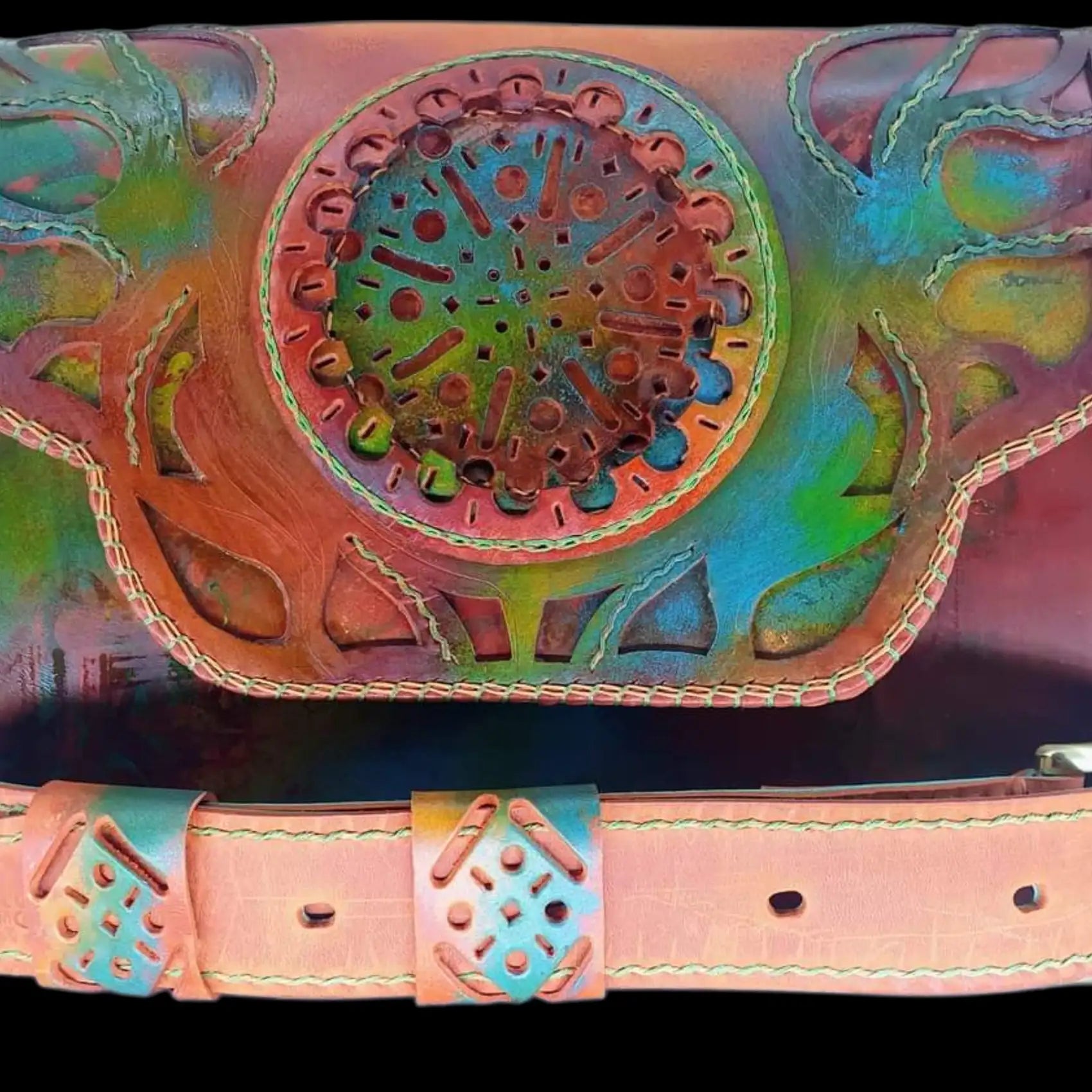 Handmade tan leather bag with a painted mandala and studded belt - AG Design, Arad, Romania