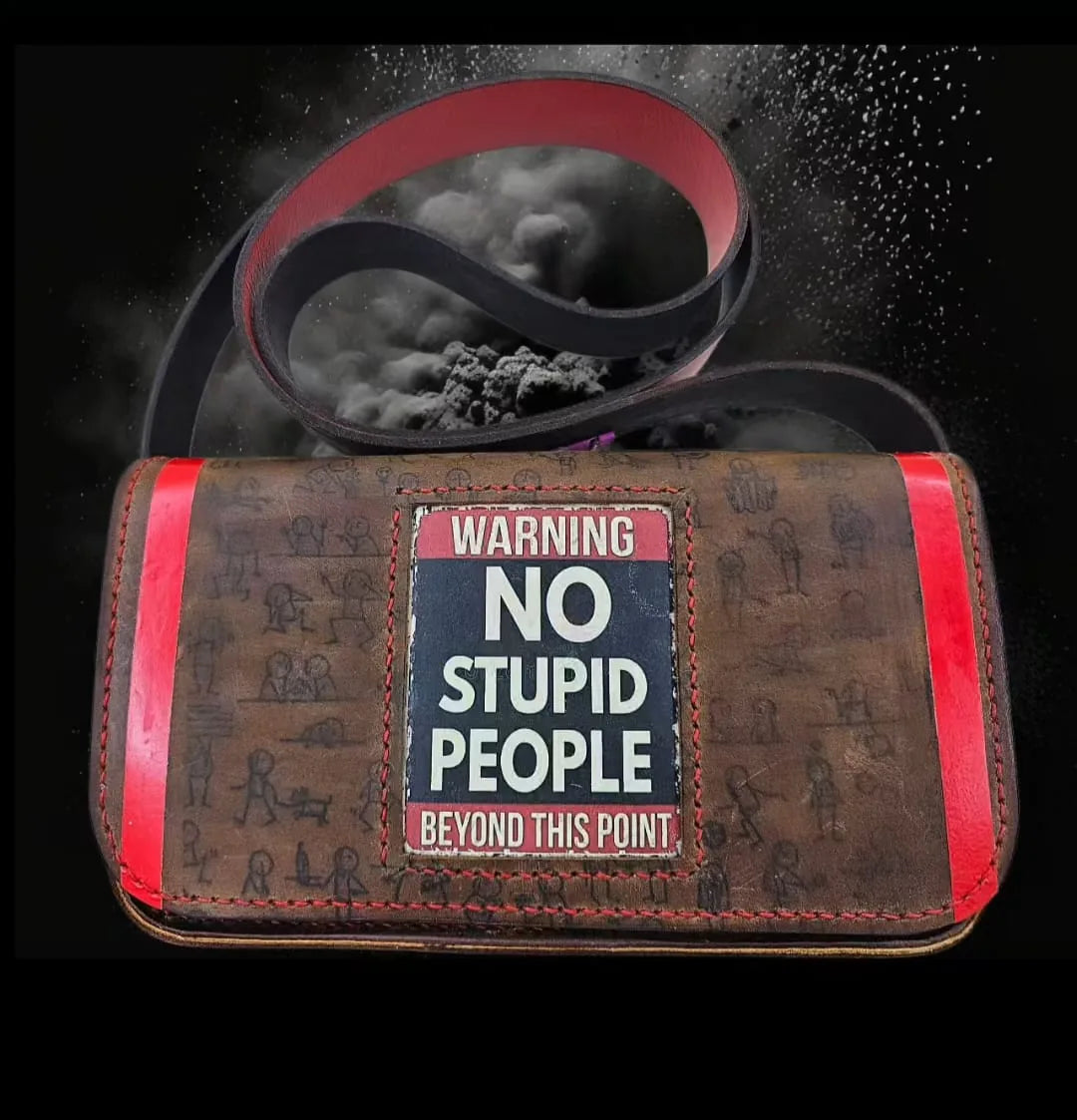 Handmade red leather purse with a stitched front message and minimalist silhouettes on raw-textured leather - AG Design, Arad, Romania
