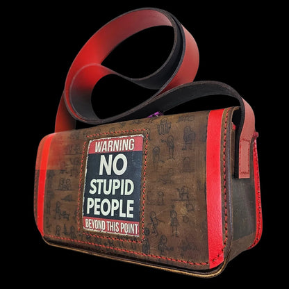Handmade red leather purse with a stitched front message and minimalist silhouettes on raw-textured leather - AG Design, Arad, Romania