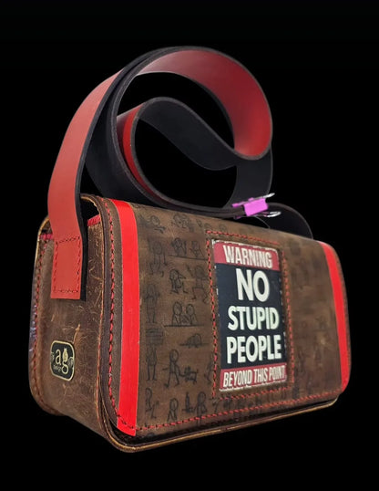 Handmade red leather purse with a stitched front message and minimalist silhouettes on raw-textured leather - AG Design, Arad, Romania