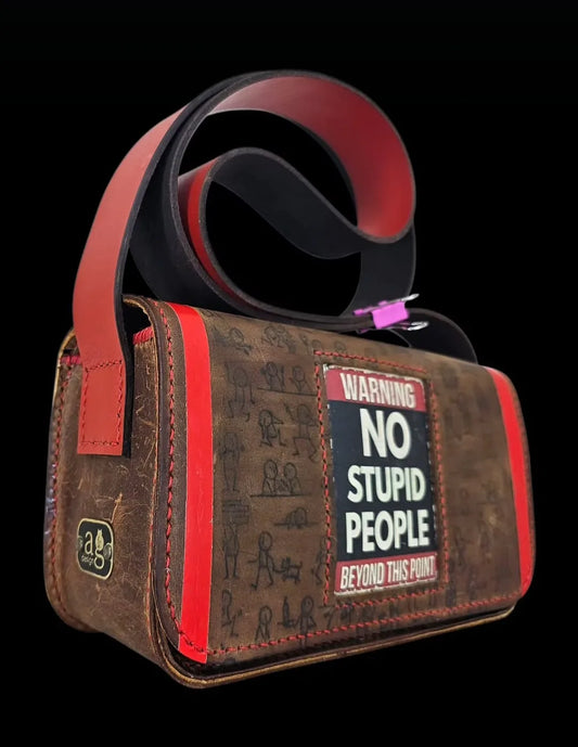 Handmade red leather purse with a stitched front message and minimalist silhouettes on raw-textured leather - AG Design, Arad, Romania